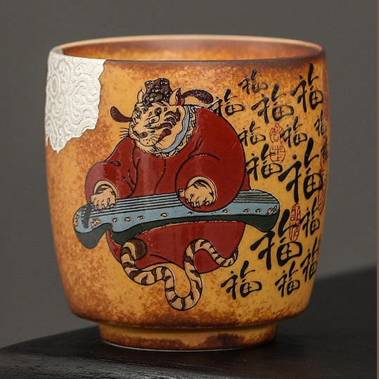 Chinese Four Divine Beasts Coarse Pottery Master Cup,drinking utensils
