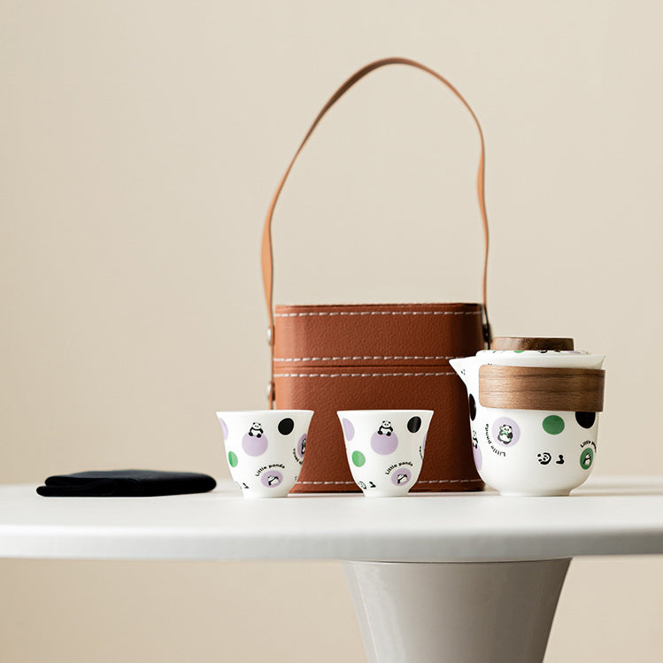 Service à thé de voyage Panda - Kit Gongfu portable en céramique avec théière et 2 tasses