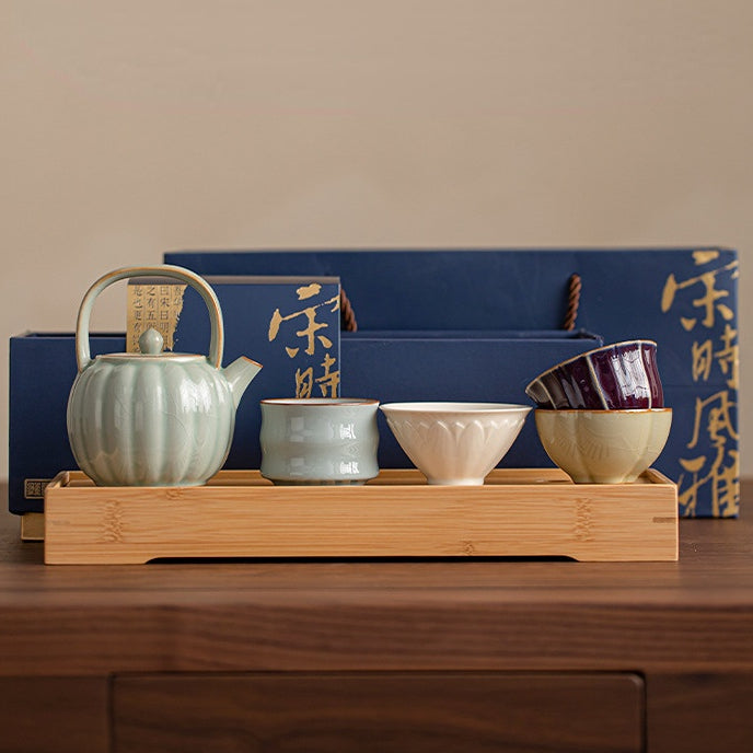 Service à thé Gongfu en céramique inspiré des cinq grands fours | 1 théière + 4 tasses | Objet de collection traditionnel chinois fait main