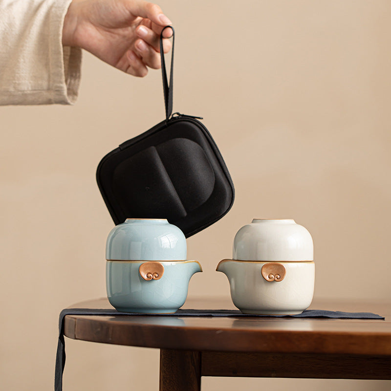 Service à thé portable en céramique ZenTripper - Kit d'infusion pour le bureau ou le camping avec fuite - Service à thé en céramique Ru Kiln de couleur unie avec motifs de nuages Ruyi