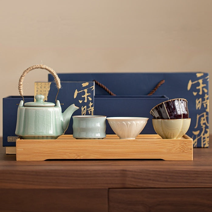 Service à thé Gongfu en céramique inspiré des cinq grands fours | 1 théière + 4 tasses | Objet de collection traditionnel chinois fait main