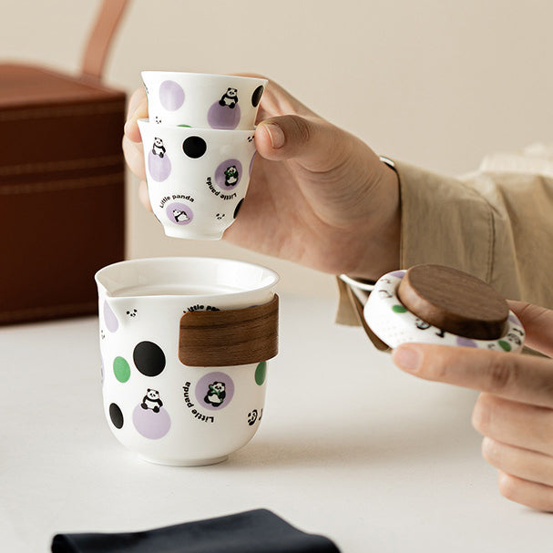 Service à thé de voyage Panda - Kit Gongfu portable en céramique avec théière et 2 tasses