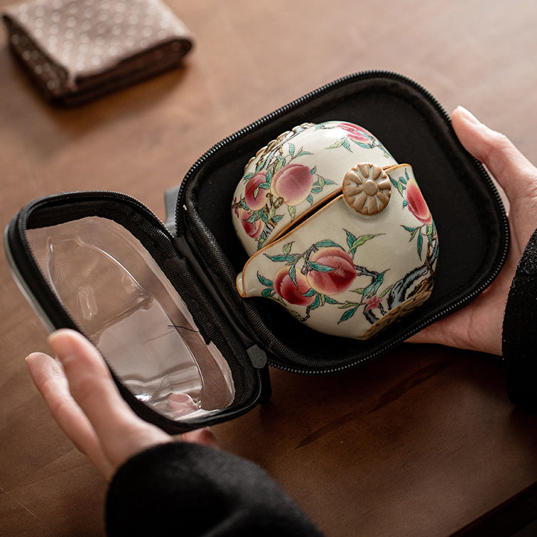 Service à thé portable en céramique ZenTripper - Kit d'infusion pour le bureau ou le camping avec fuite - Service à thé en céramique avec motifs pêche de longévité dans le style du four Ru de la dynastie Song