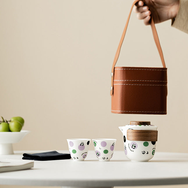 Service à thé de voyage Panda - Kit Gongfu portable en céramique avec théière et 2 tasses