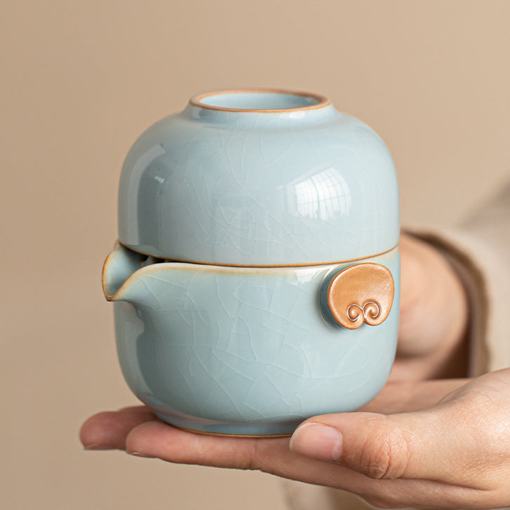 Service à thé portable en céramique ZenTripper - Kit d'infusion pour le bureau ou le camping avec fuite - Service à thé en céramique Ru Kiln de couleur unie avec motifs de nuages Ruyi