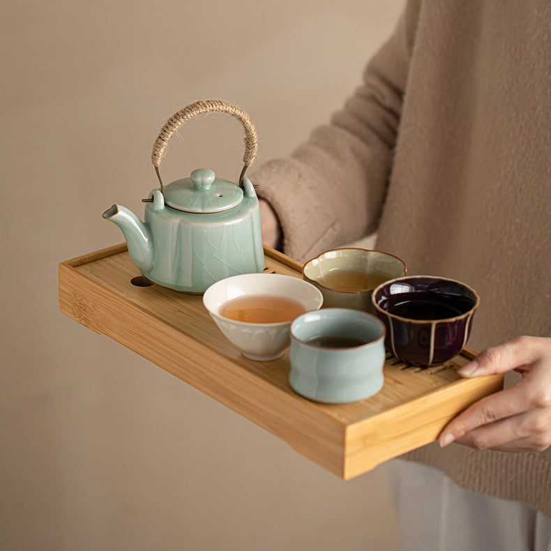 Service à thé Gongfu en céramique inspiré des cinq grands fours | 1 théière + 4 tasses | Objet de collection traditionnel chinois fait main