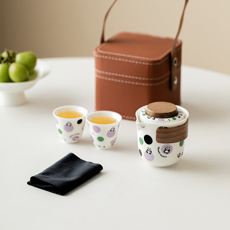 Service à thé de voyage Panda - Kit Gongfu portable en céramique avec théière et 2 tasses