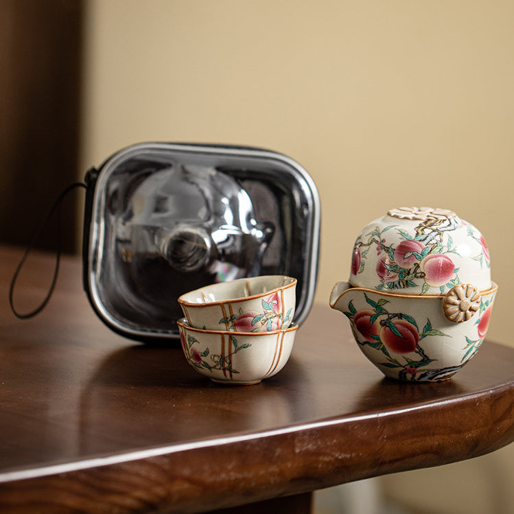 Service à thé portable en céramique ZenTripper - Kit d'infusion pour le bureau ou le camping avec fuite - Service à thé en céramique avec motifs pêche de longévité dans le style du four Ru de la dynastie Song