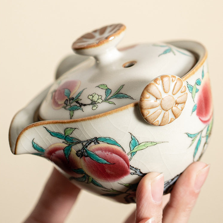 Service à thé portable en céramique ZenTripper - Kit d'infusion pour le bureau ou le camping avec fuite - Service à thé en céramique avec motifs pêche de longévité dans le style du four Ru de la dynastie Song