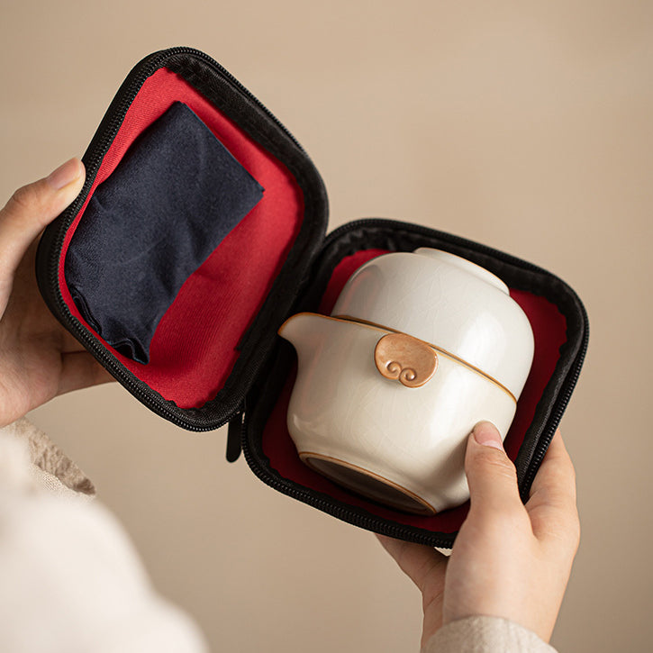 Service à thé portable en céramique ZenTripper - Kit d'infusion pour le bureau ou le camping avec fuite - Service à thé en céramique Ru Kiln de couleur unie avec motifs de nuages Ruyi