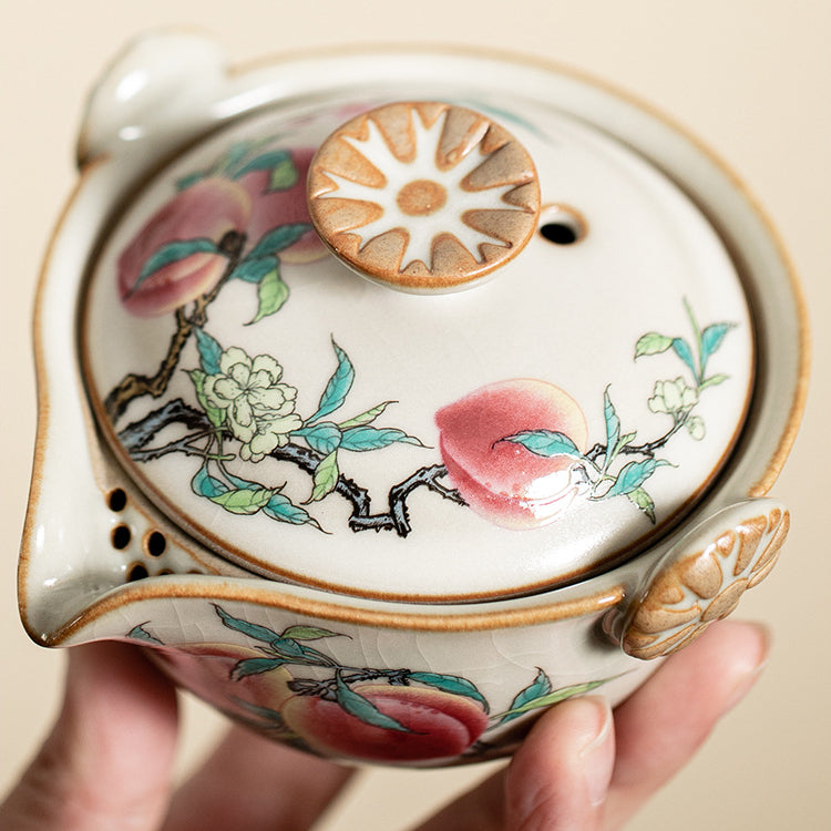 Service à thé portable en céramique ZenTripper - Kit d'infusion pour le bureau ou le camping avec fuite - Service à thé en céramique avec motifs pêche de longévité dans le style du four Ru de la dynastie Song