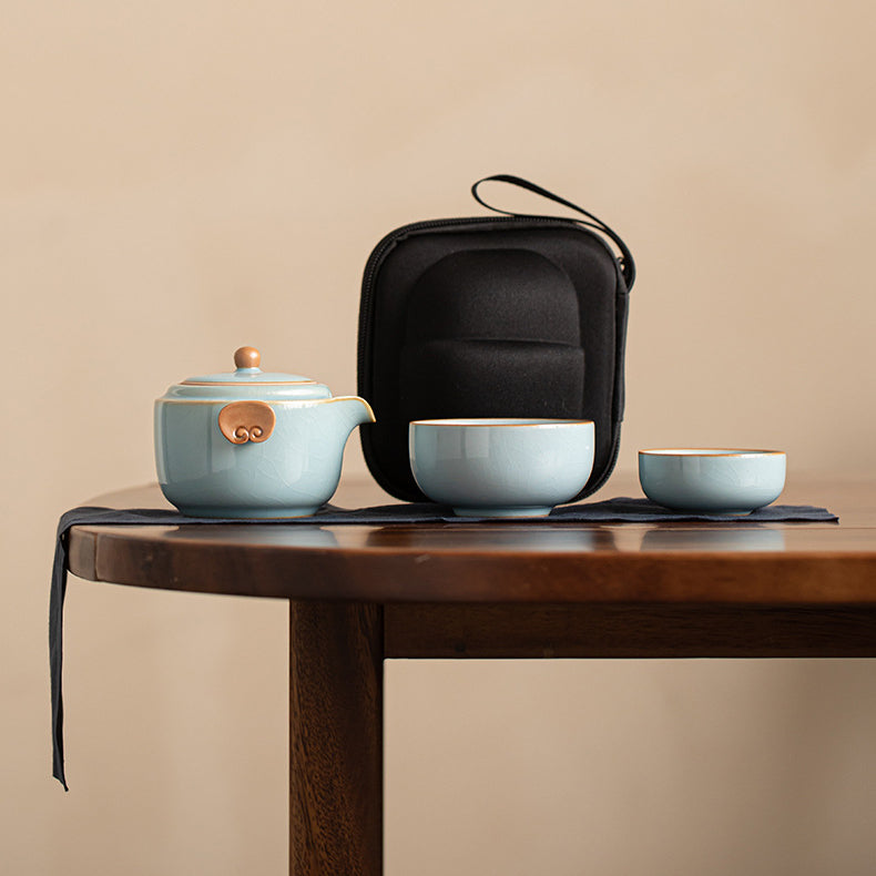 Service à thé portable en céramique ZenTripper - Kit d'infusion pour le bureau ou le camping avec fuite - Service à thé en céramique Ru Kiln de couleur unie avec motifs de nuages Ruyi