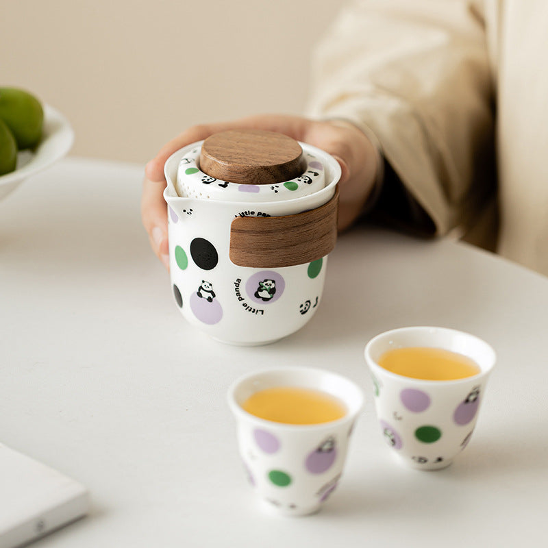 Service à thé de voyage Panda - Kit Gongfu portable en céramique avec théière et 2 tasses