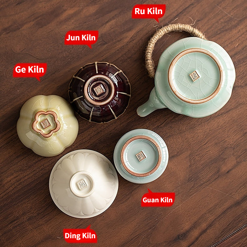 Service à thé Gongfu en céramique inspiré des cinq grands fours | 1 théière + 4 tasses | Objet de collection traditionnel chinois fait main