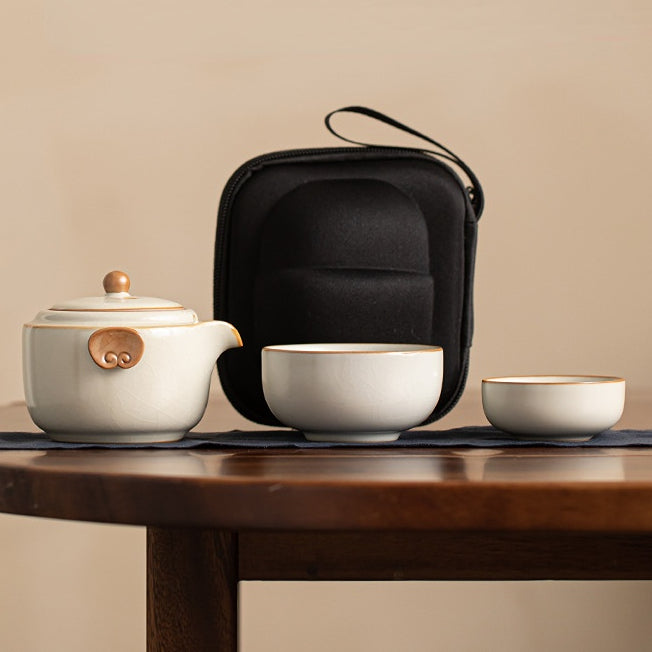 Service à thé portable en céramique ZenTripper - Kit d'infusion pour le bureau ou le camping avec fuite - Service à thé en céramique Ru Kiln de couleur unie avec motifs de nuages Ruyi