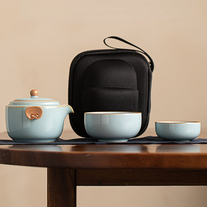 Service à thé portable en céramique ZenTripper - Kit d'infusion pour le bureau ou le camping avec fuite - Service à thé en céramique Ru Kiln de couleur unie avec motifs de nuages Ruyi