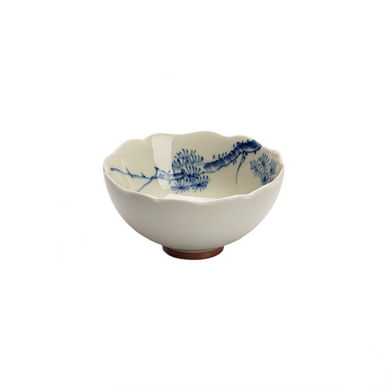 Tasse de maître en argile à bord cannelé d'inspiration antique – Motifs floraux peints à la main Tasse de dégustation de thé Kung Fu