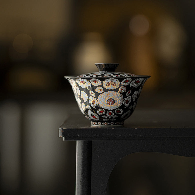 Service à thé avec bol couvert en céramique noire – Émail floral incrusté d'or et d'argent