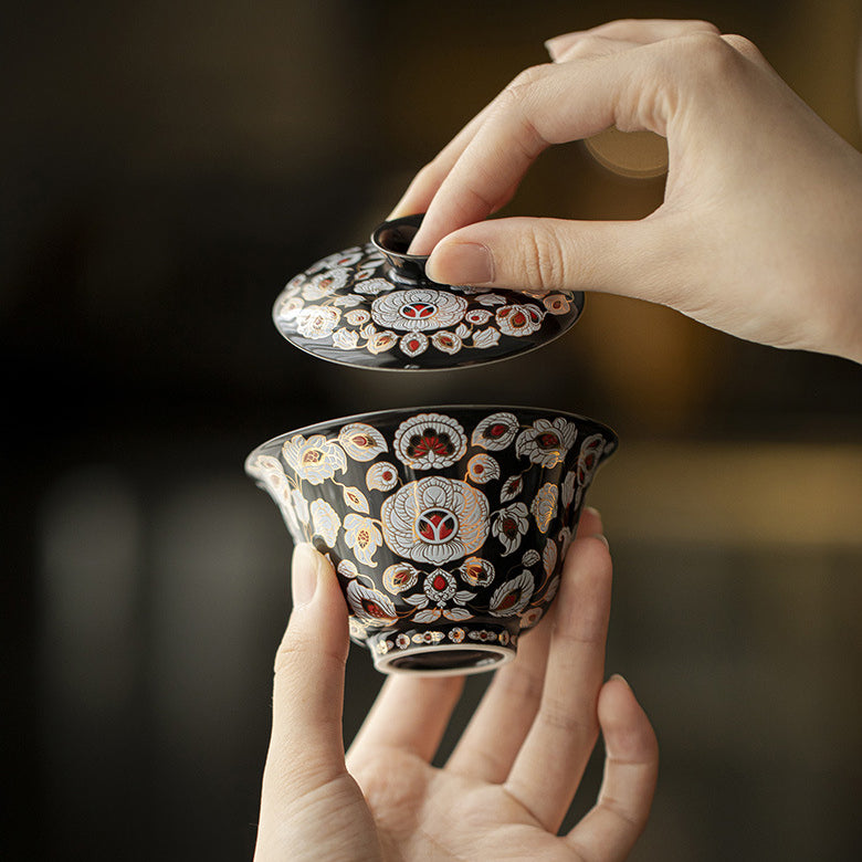 Service à thé avec bol couvert en céramique noire – Émail floral incrusté d'or et d'argent