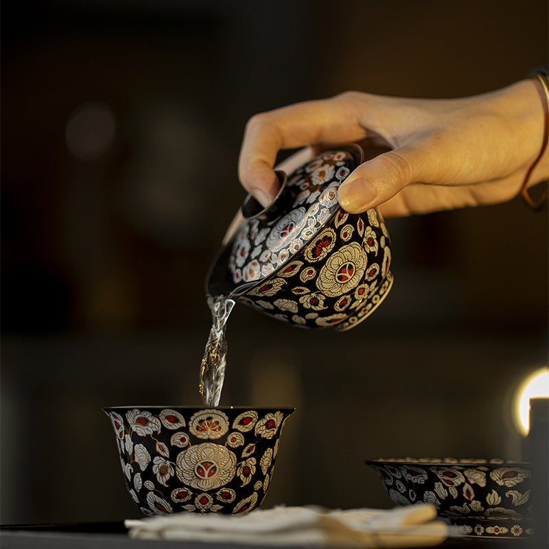 Service à thé avec bol couvert en céramique noire – Émail floral incrusté d'or et d'argent