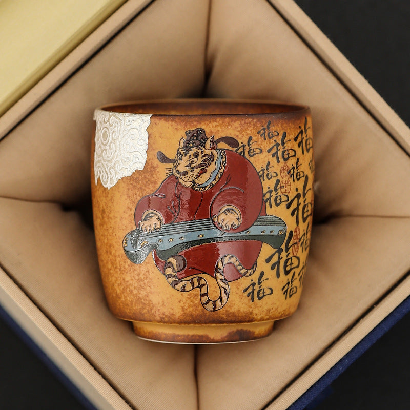 Chinese Four Divine Beasts Coarse Pottery Master Cup,drinking utensils