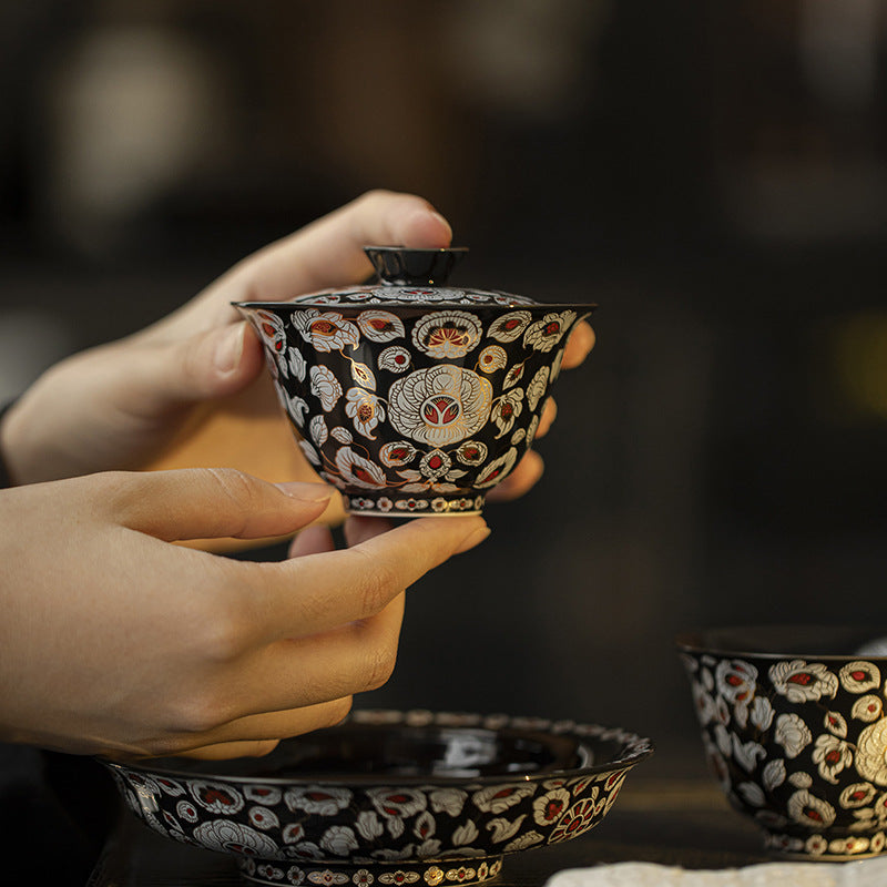 Service à thé avec bol couvert en céramique noire – Émail floral incrusté d'or et d'argent