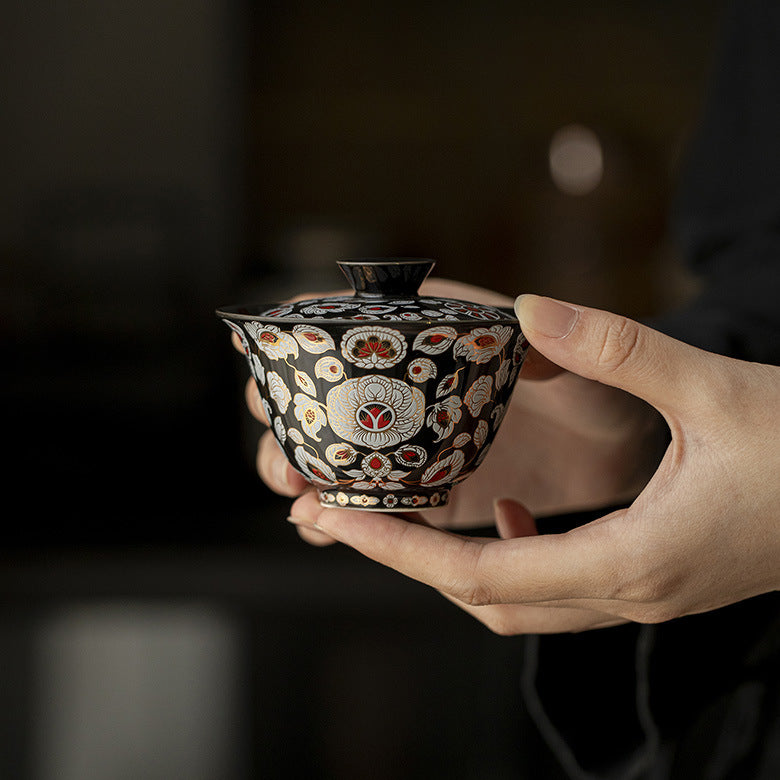 Service à thé avec bol couvert en céramique noire – Émail floral incrusté d'or et d'argent