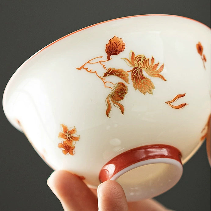 Service à thé en céramique de chèvre - Jade blanc gras avec motifs de fleurs épanouies aux quatre saisons (y compris les ustensiles à boire)
