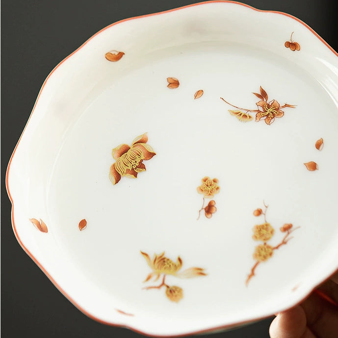 Service à thé en céramique de chèvre - Jade blanc gras avec motifs de fleurs épanouies aux quatre saisons (y compris les ustensiles à boire)