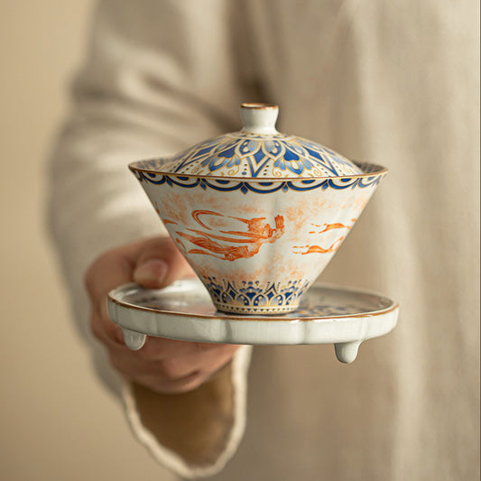 Exploring the Charm of the Chinese Ru Kiln Ceramic Tea and Beverage Set with Painted Dunhuang Flying Apsaras Patterns