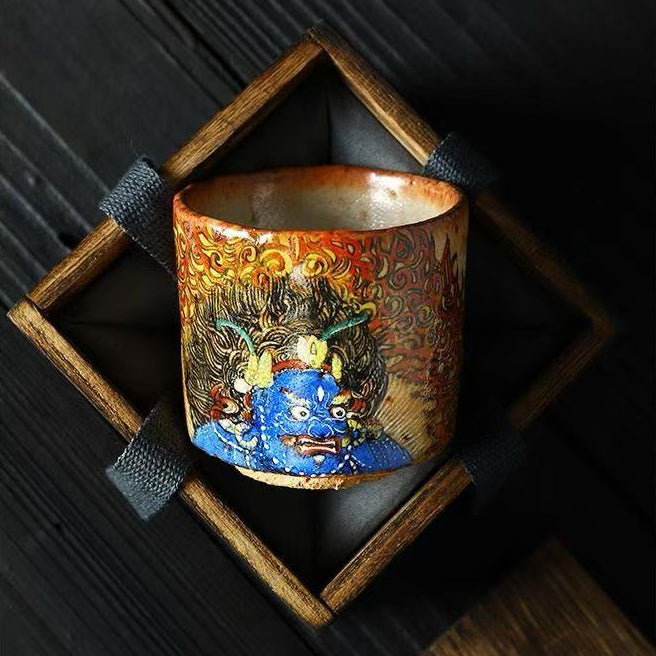 Handmade firewood-fired and hand-painted Thangka master cup, a high-end art collection treasure.(Black Jambhala)，drinking utensils