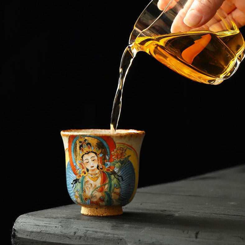 Handmade firewood-fired and hand-painted Thangka master cup, a high-end art collection treasure.(Bodhisattva Holding Flowers)，drinking utensils