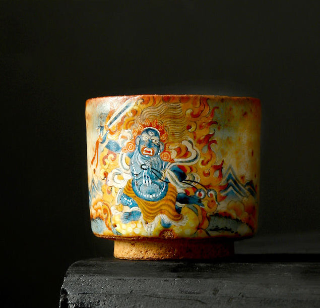 Handmade firewood-fired and hand-painted Thangka master cup, a high-end art collection treasure.(Wrathful Vajra)，drinking utensils