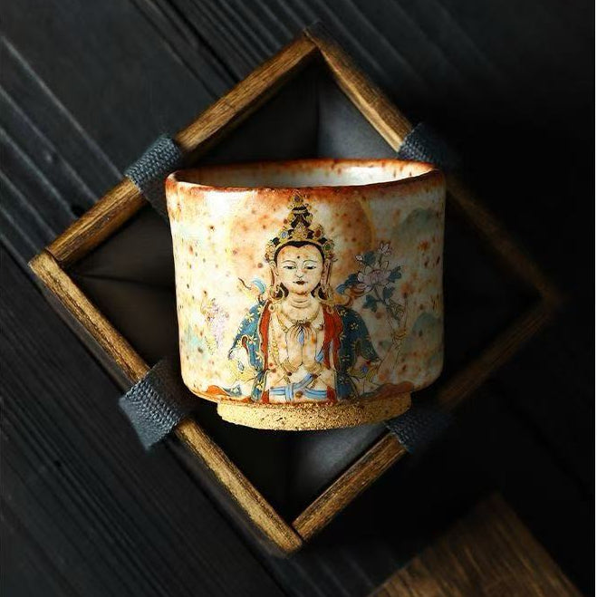 Handmade firewood-fired and hand-painted Thangka master cup, a high-end art collection treasure.(Four-Armed Avalokitesvara)，drinking utensils