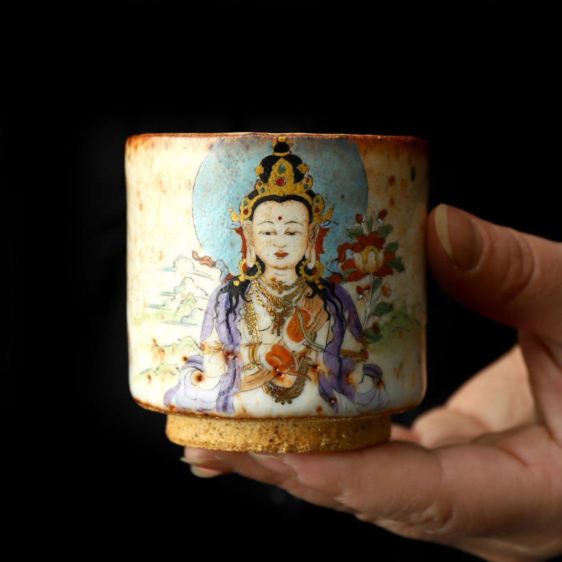 Handmade firewood-fired and hand-painted Thangka master cup, a high-end art collection treasure.(Samantabhadra Bodhisattva)，drinking utensils