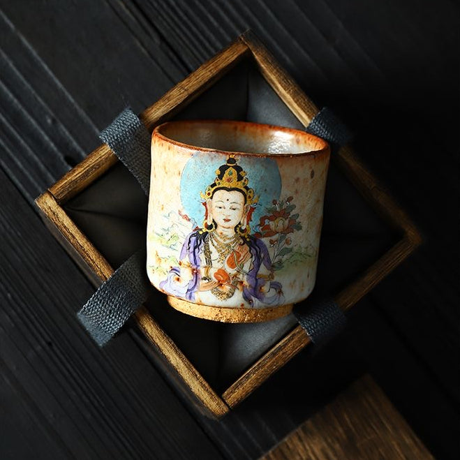 Handmade firewood-fired and hand-painted Thangka master cup, a high-end art collection treasure.(Samantabhadra Bodhisattva)，drinking utensils