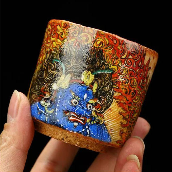 Handmade firewood-fired and hand-painted Thangka master cup, a high-end art collection treasure.(Black Jambhala)，drinking utensils