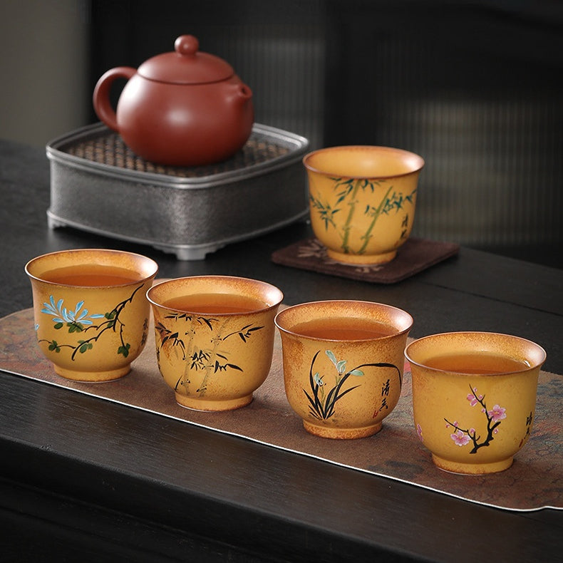 Hand-Painted Master Cup with Wood Fired Plum Blossom, Orchid, Bamboo, and Chrysanthemum，drinking utensils