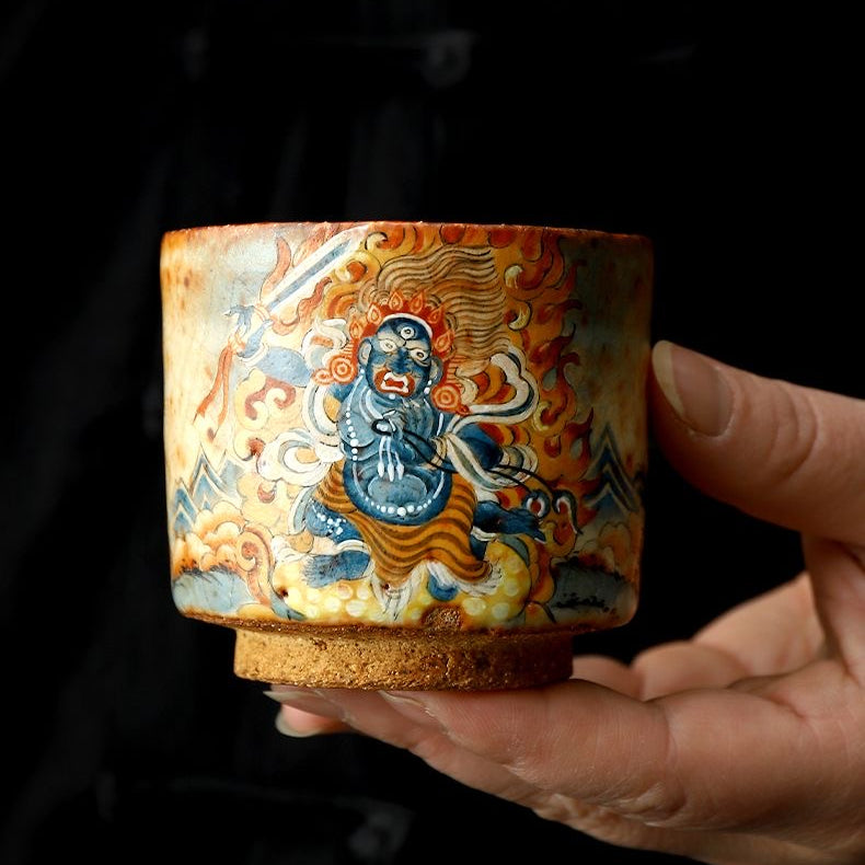 Handmade firewood-fired and hand-painted Thangka master cup, a high-end art collection treasure.(Wrathful Vajra)，drinking utensils