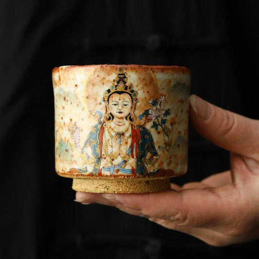 Handmade firewood-fired and hand-painted Thangka master cup, a high-end art collection treasure.(Four-Armed Avalokitesvara)，drinking utensils