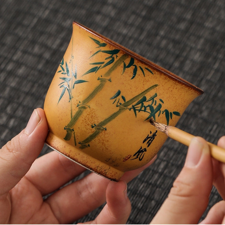 Hand-Painted Master Cup with Wood Fired Plum Blossom, Orchid, Bamboo, and Chrysanthemum，drinking utensils