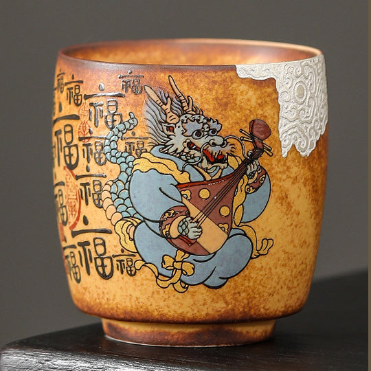 Chinese Four Divine Beasts Coarse Pottery Master Cup，drinking utensils