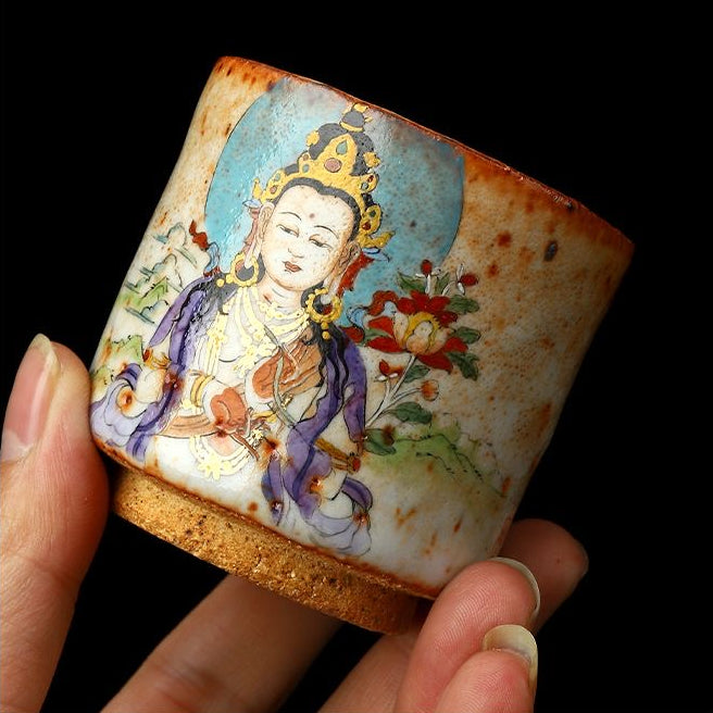 Handmade firewood-fired and hand-painted Thangka master cup, a high-end art collection treasure.(Samantabhadra Bodhisattva)，drinking utensils