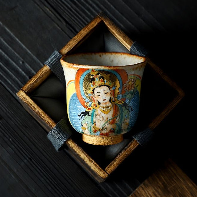 Handmade firewood-fired and hand-painted Thangka master cup, a high-end art collection treasure.(Bodhisattva Holding Flowers)，drinking utensils