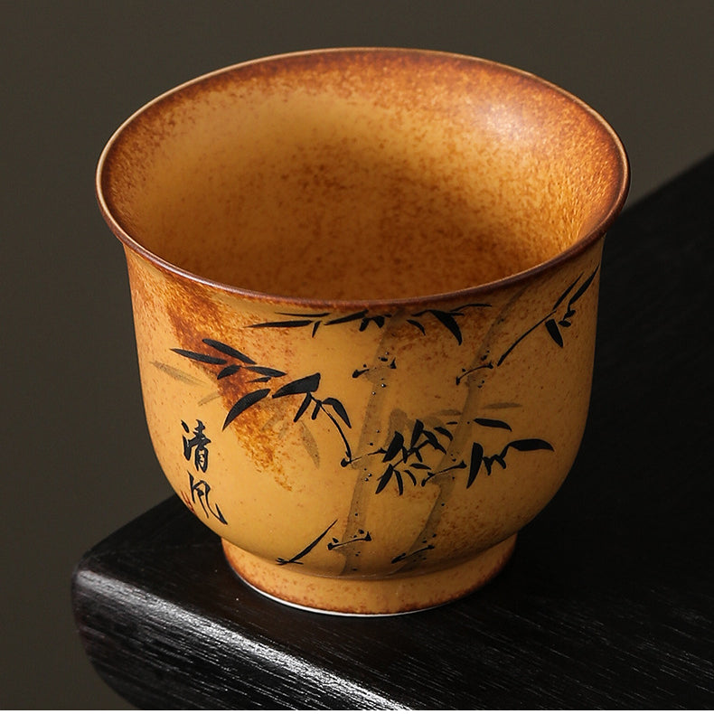 Hand-Painted Master Cup with Wood Fired Plum Blossom, Orchid, Bamboo, and Chrysanthemum，drinking utensils