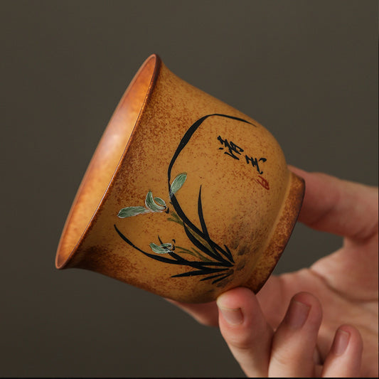 Hand-Painted Master Cup with Wood Fired Plum Blossom, Orchid, Bamboo, and Chrysanthemum，drinking utensils