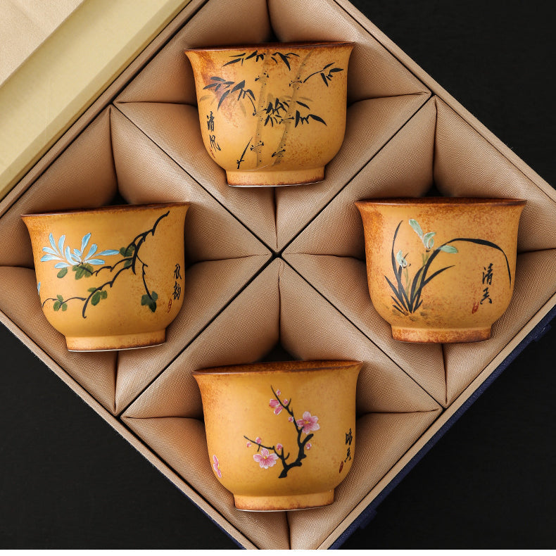 Hand-Painted Master Cup with Wood Fired Plum Blossom, Orchid, Bamboo, and Chrysanthemum，drinking utensils