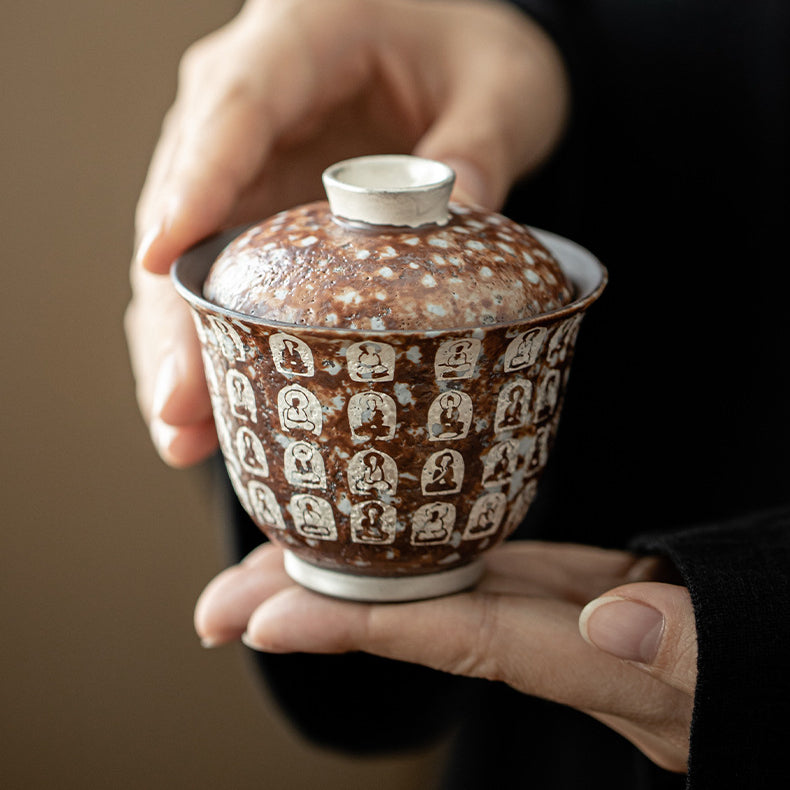 Dunhuang Ten Thousand Buddhas Silver-Gilded Handcrafted Gaiwan Coarse Pottery Cup，drinking utensils