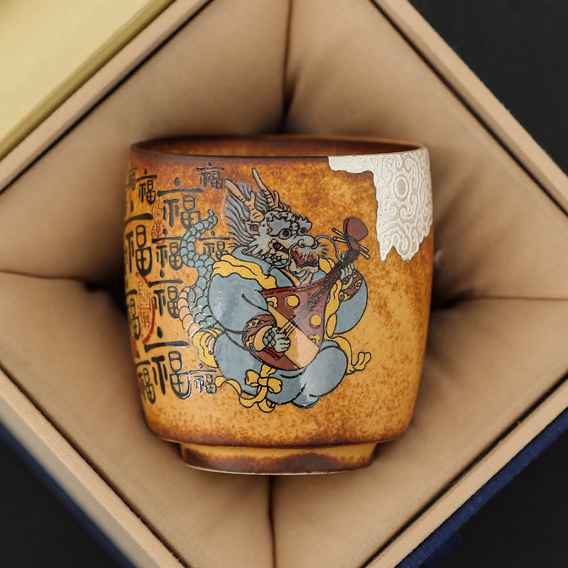 Chinese Four Divine Beasts Coarse Pottery Master Cup，drinking utensils