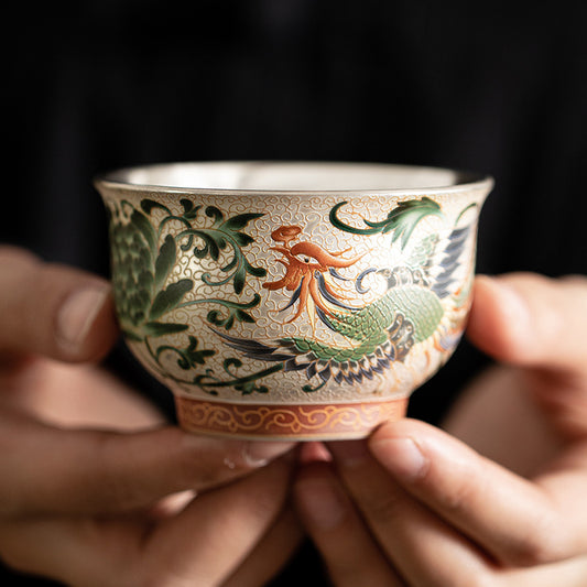 Silver-Gilded Dragon and Phoenix Ceramic Master Cup for Couples，drinking utensils